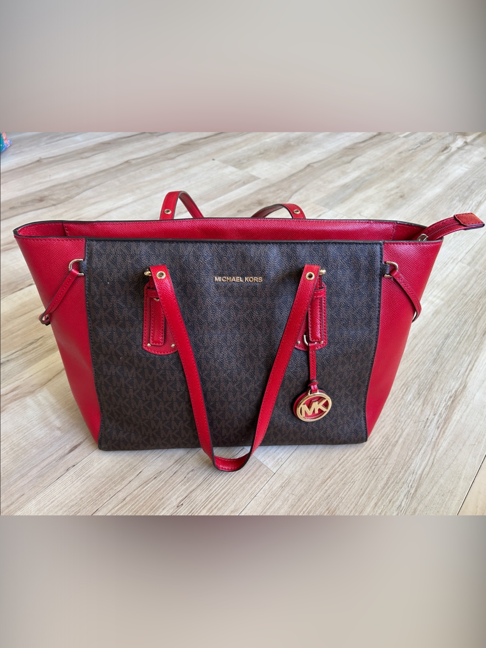 Michael Kors Brown Signature Tote with Red Trim